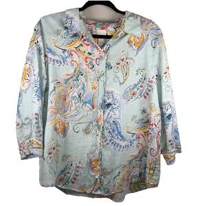 CHICO'S Women's Casual Size 2 (12/14) 100% Linen Whimsy Paisley No-Iron Shirt